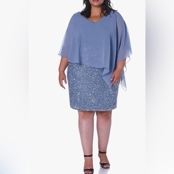 J Kara  Caplet V-Neck Mini Cocktail Beaded embellished blue sequin Dress 22w - Picture 1 of 13